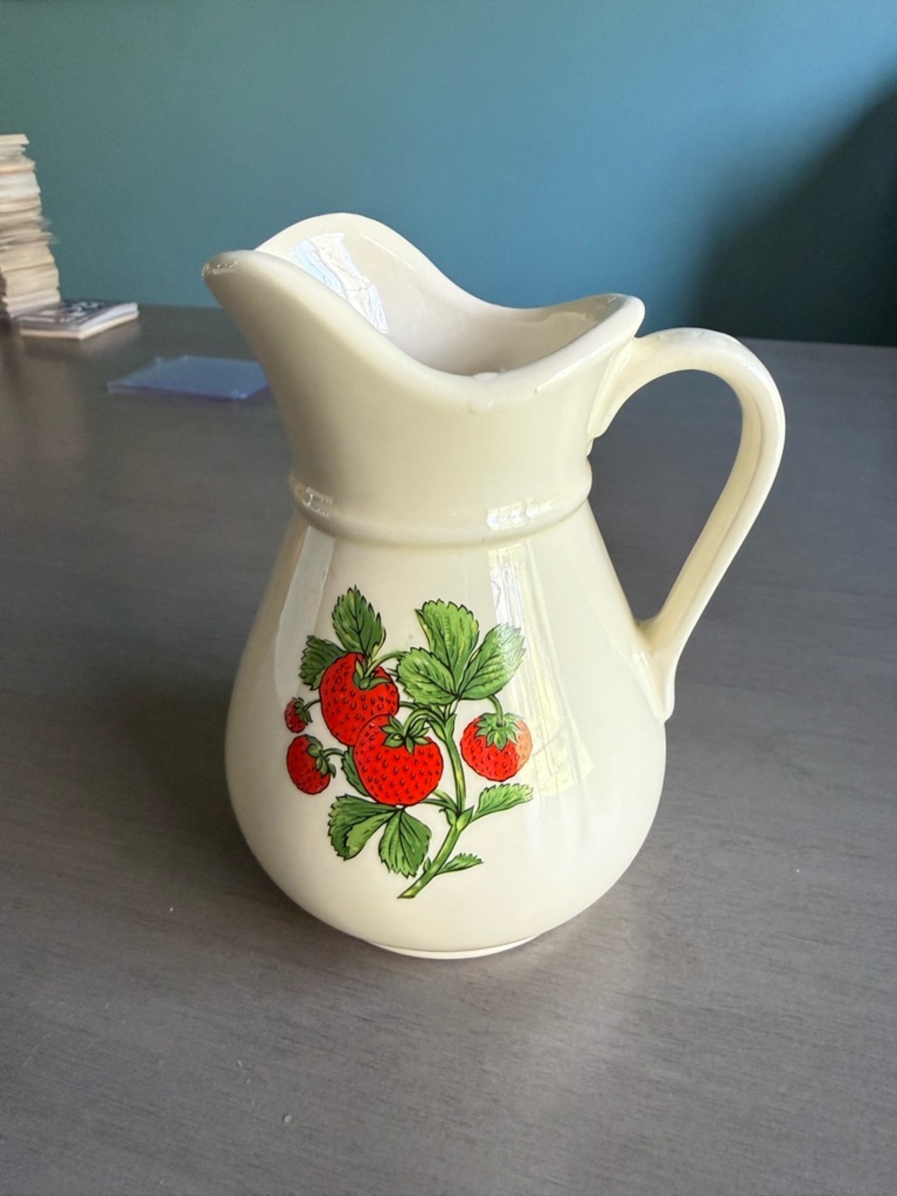 Vintage Pitcher Holiday Designs White Strawberries Ceramic Large 9.5" 2 Quart